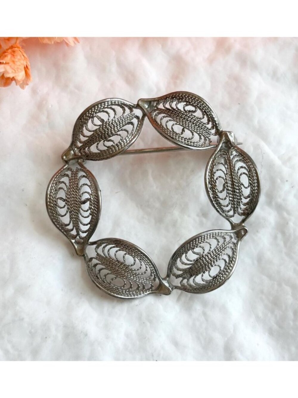 Silver Toned Floral Large Filigree Wreath Shaped Vintage Inspired Brooch